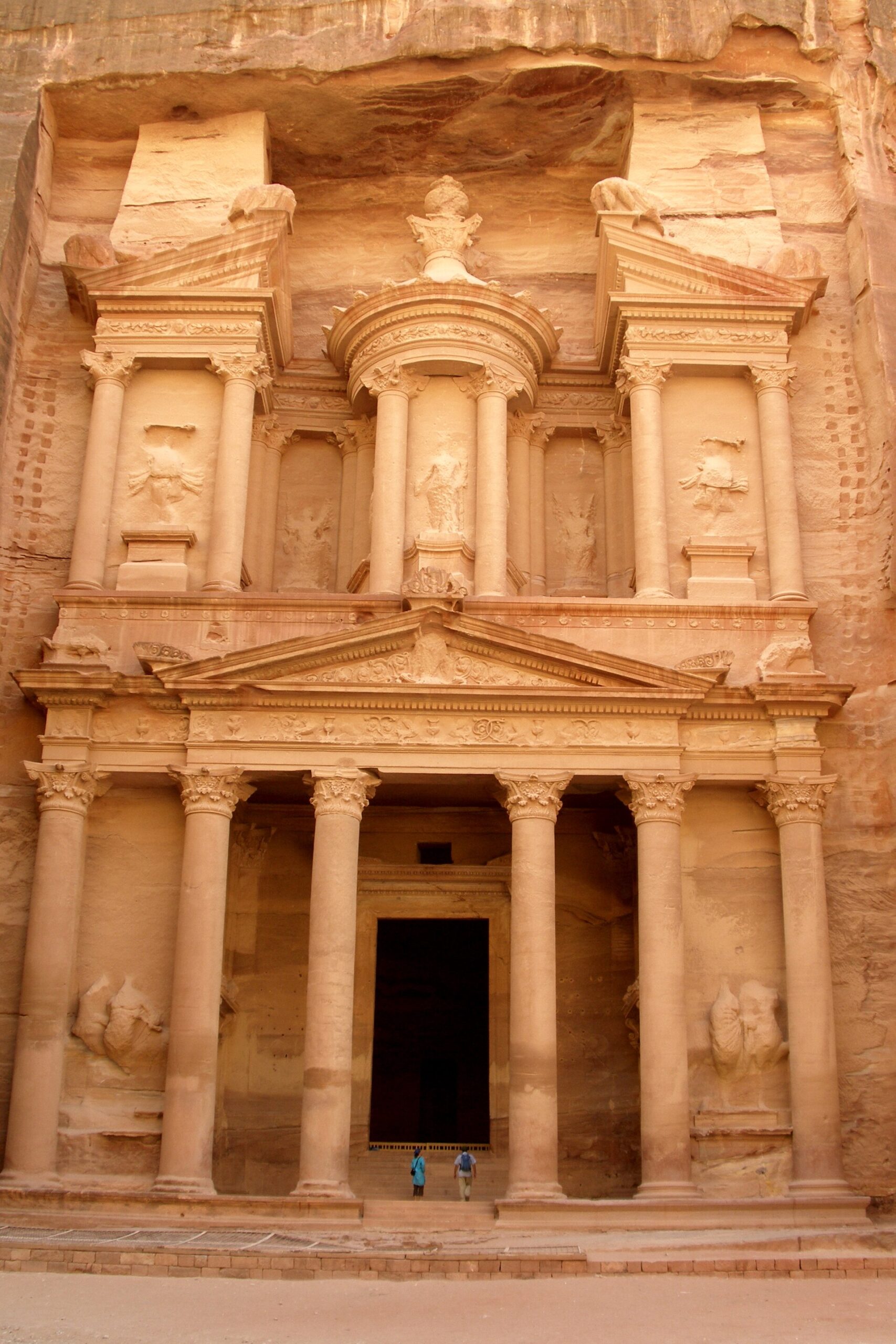 Al-Khazneh, the Treasury carved into rose-red rock at Petra, Jordan
