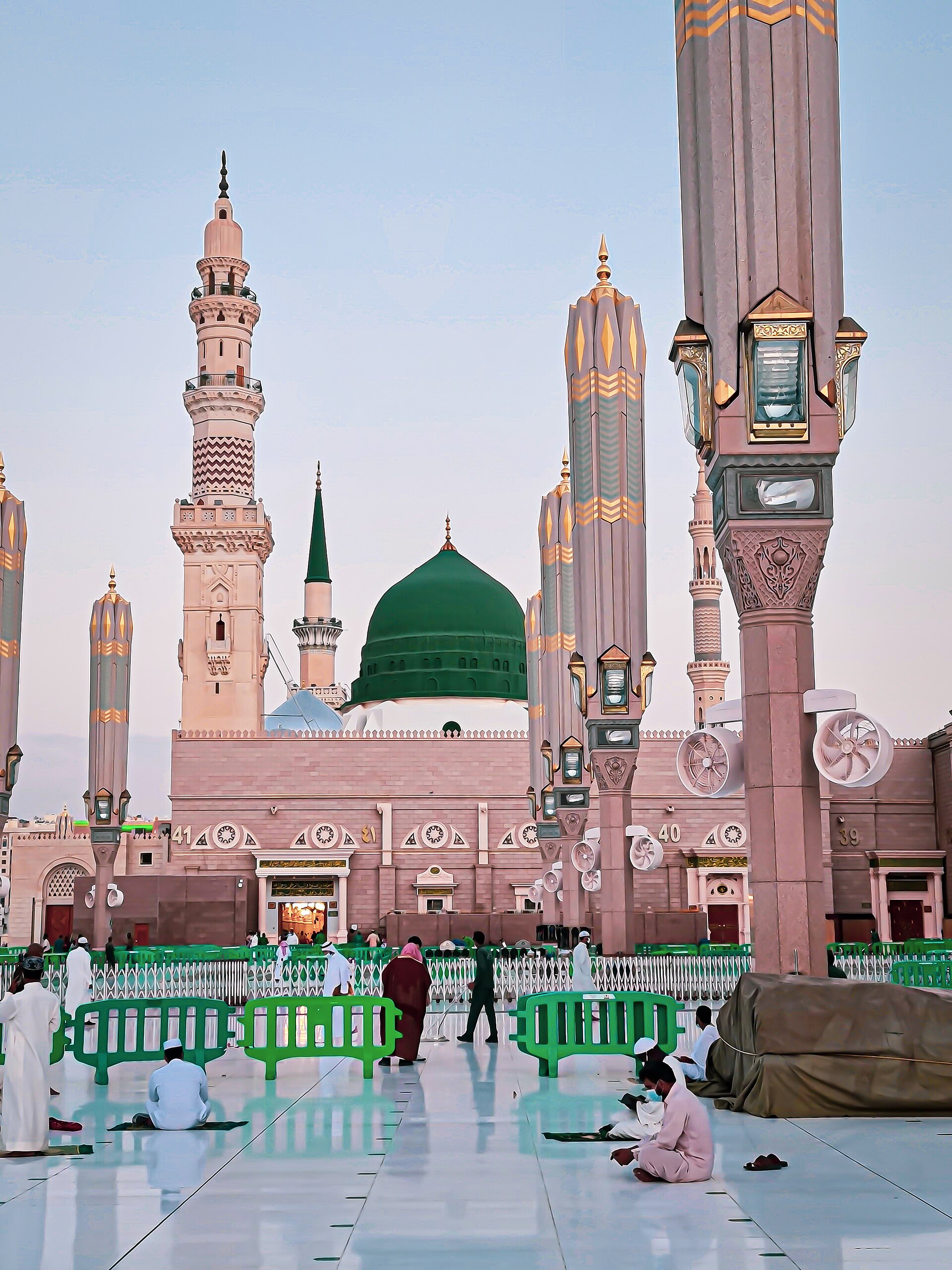 The Prophet Mosque (Al-Masjid an-Nabawi) with its green dome in Madinah, Saudi Arabia